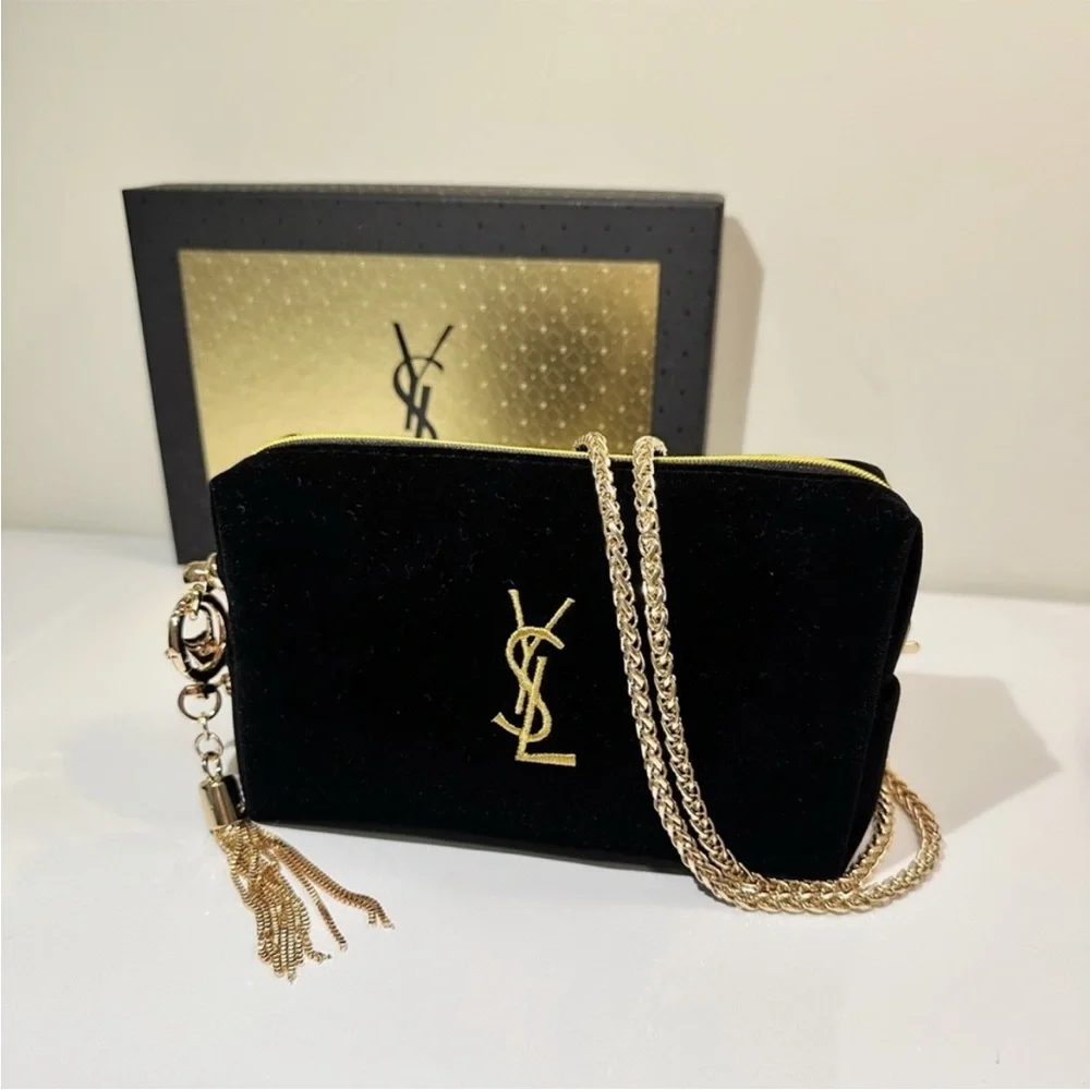 YSL YVES SAINT LAURENT Black Velvet bag purse clutch Gold Logo Chain tassel - Picture 2 of 7